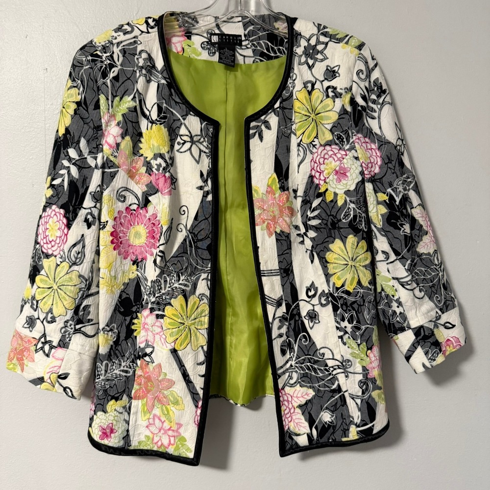 Carole Little Womens Floral Jacquard Open Front Blazer Jacket Multi Color Size L